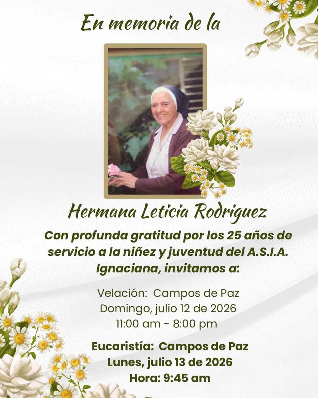 Invitación funeral hermana Leticia Rodríguez